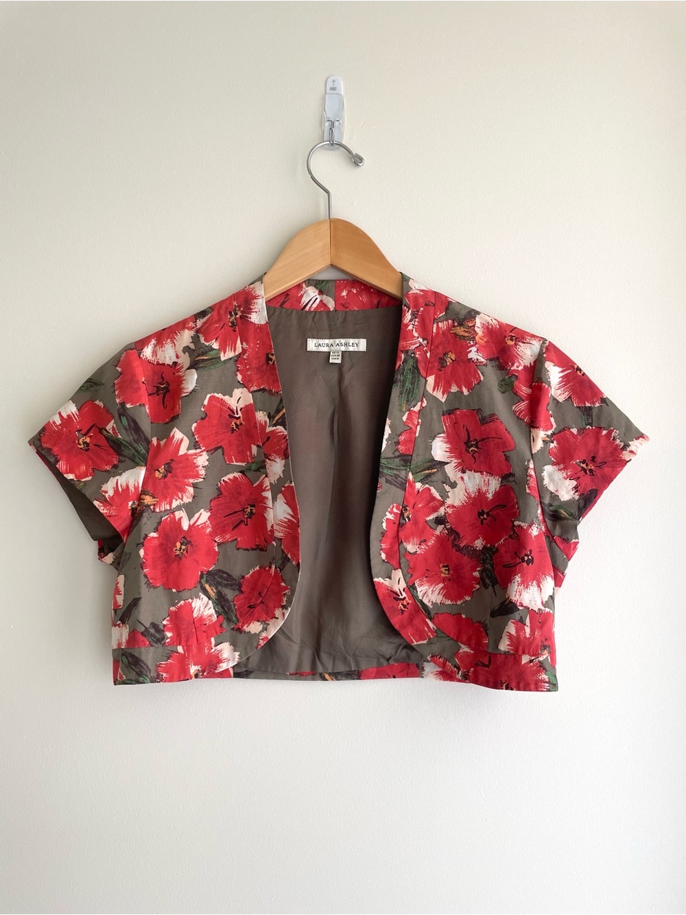 Laura Ashley Vintage Red Floral Silk Cropped Open Front Bolero Shrug Jacket